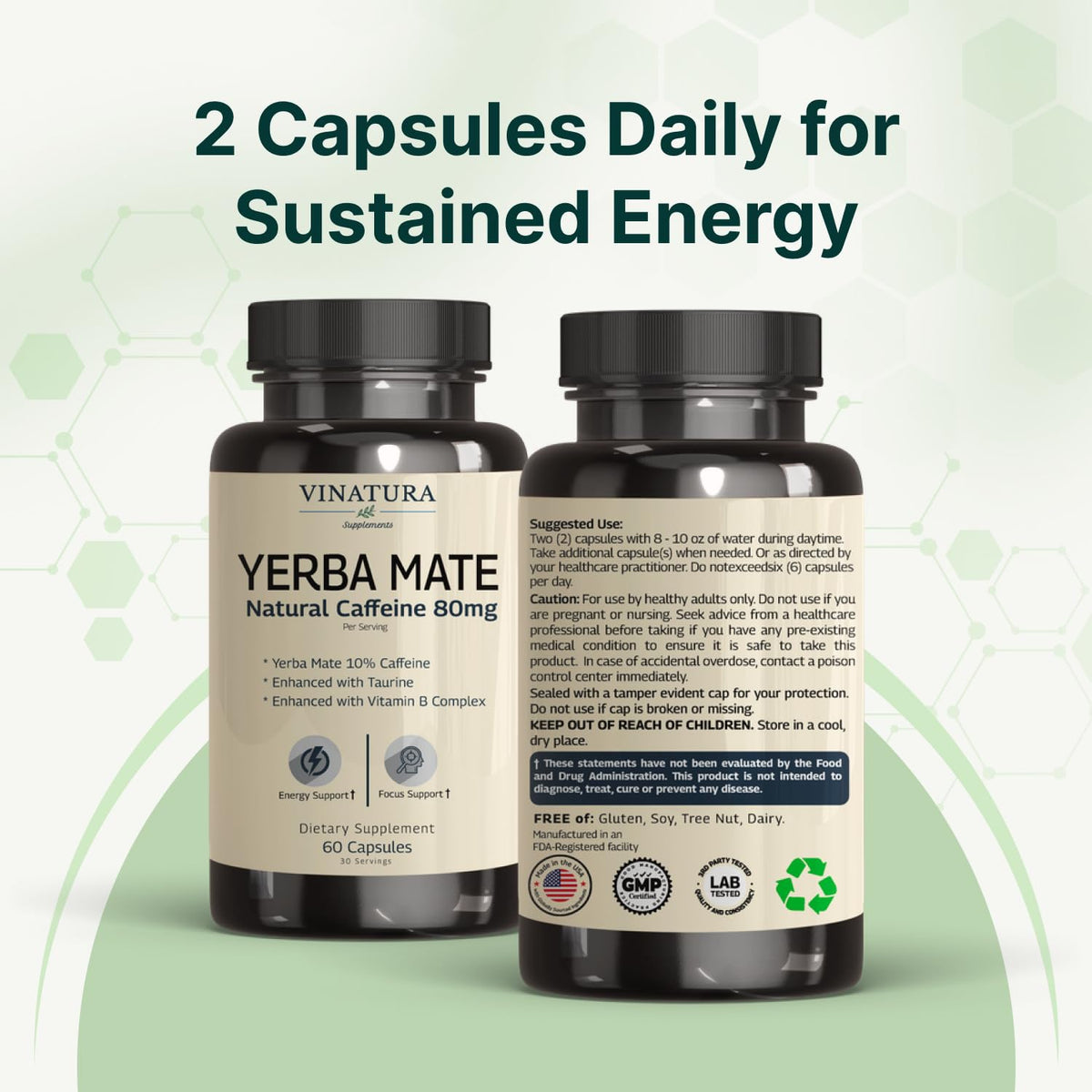 Mains tenant la bouteille de Yerba Mate 1400mg VINATURA