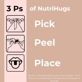 Mains tenant les bandes orales MedHugs NutriHugs