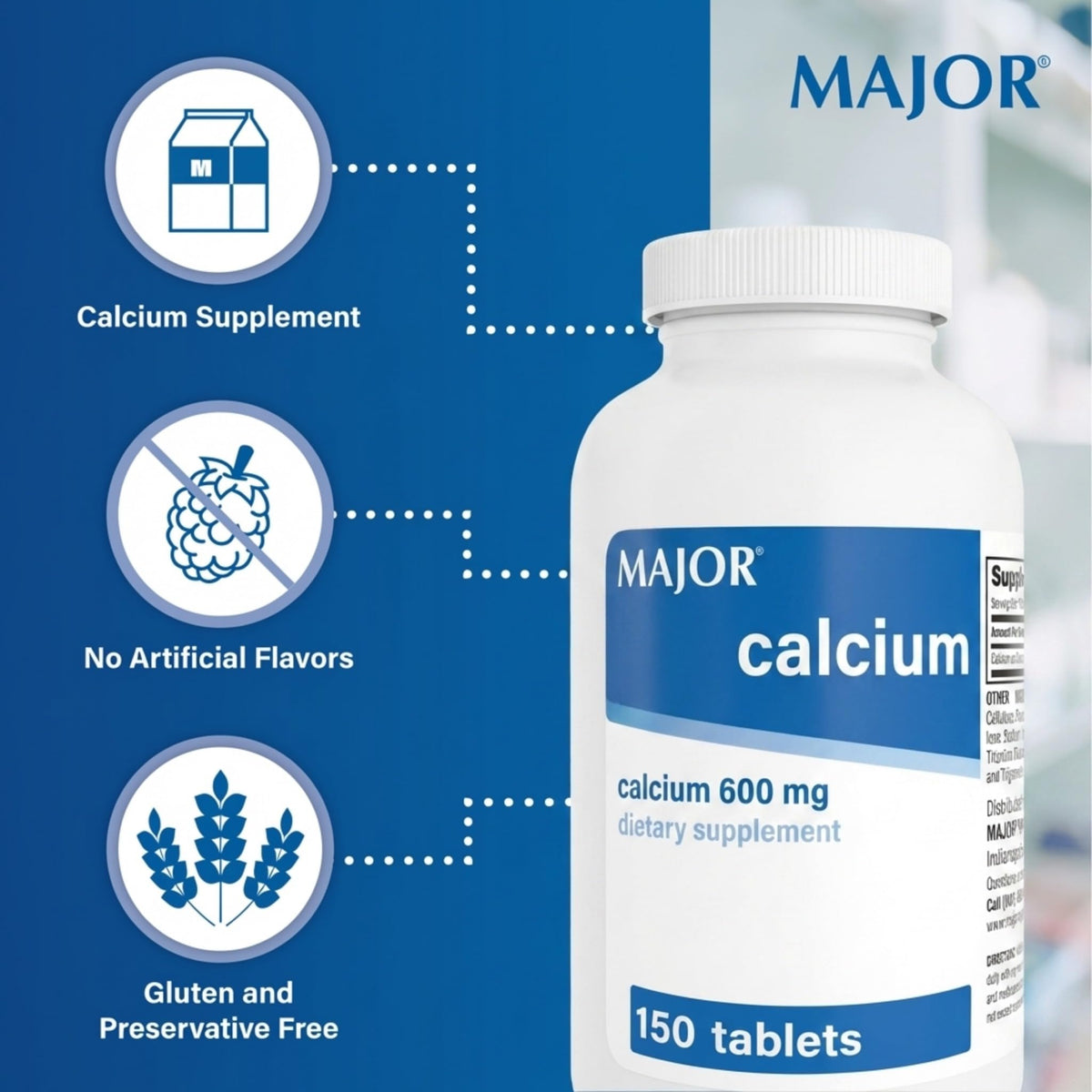 Mains tenant un flacon de tablettes de calcium MAJOR