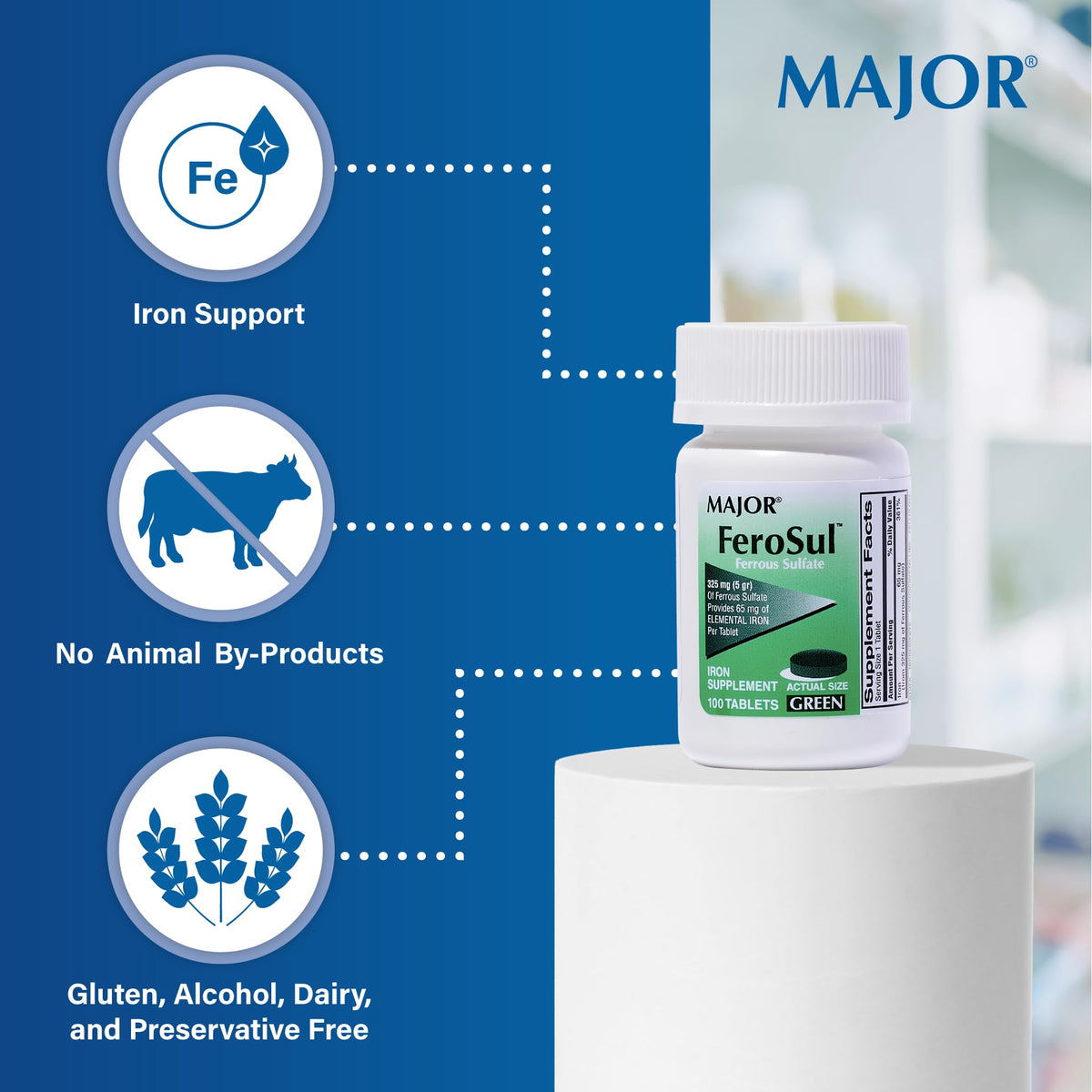 MAJOR Ferosul comprimés de fer 325mg avec une main tenant le produit