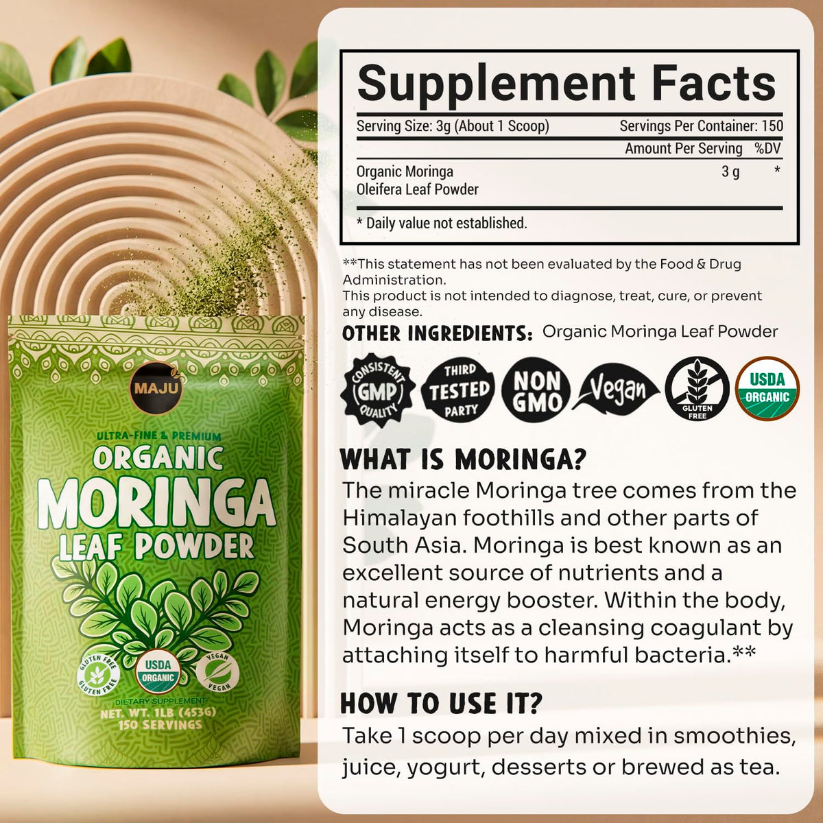 Maju Poudre de Moringa Bio 472g emballage ouvert
