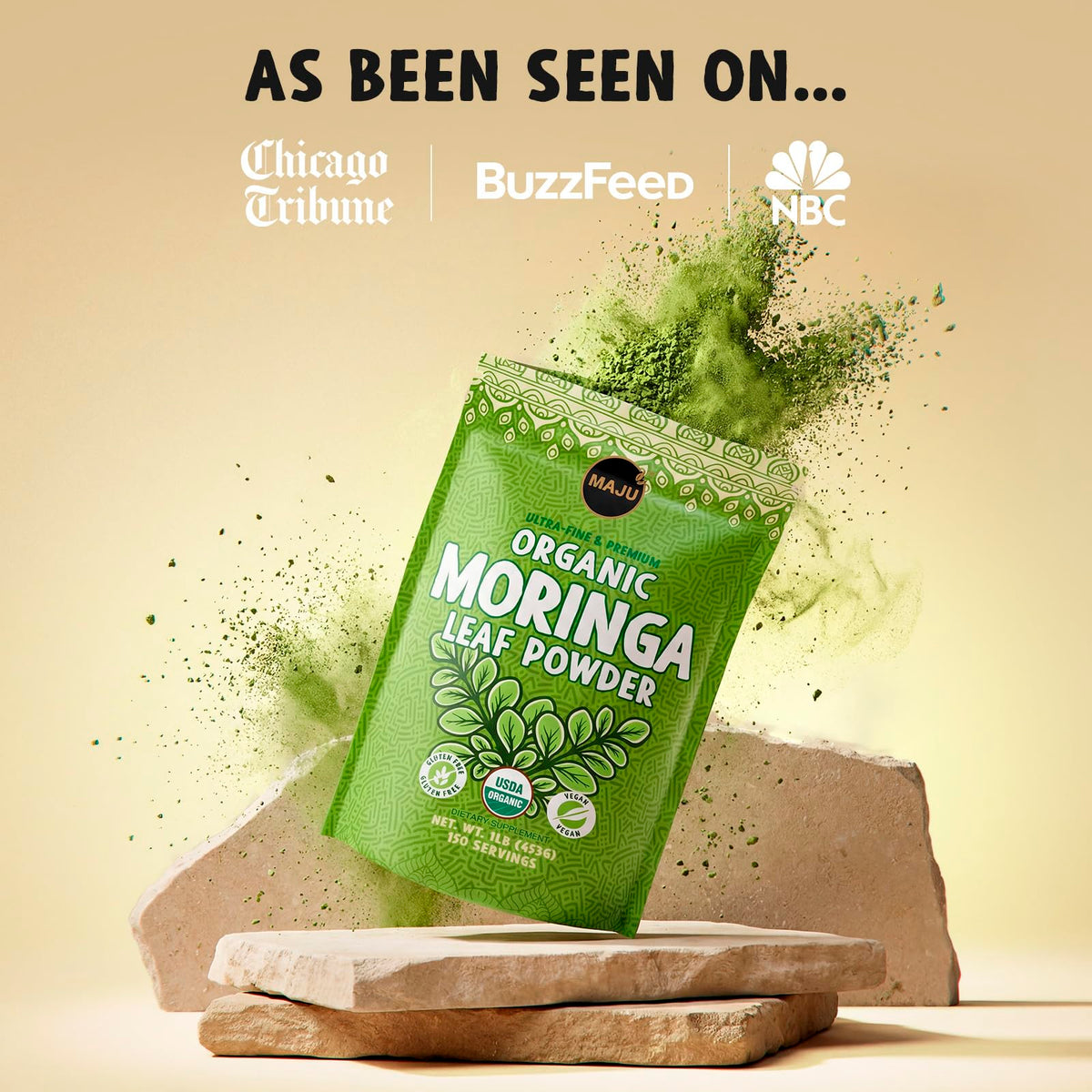 Maju Poudre de Moringa Bio 472g sur une cuillère en bois