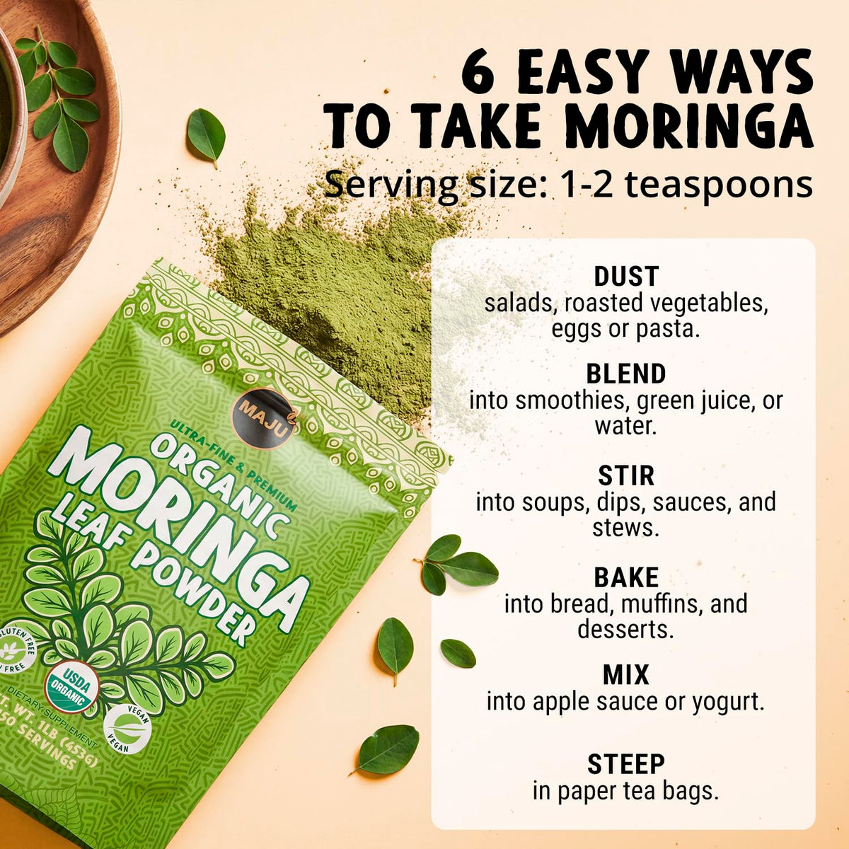 Maju Poudre de Moringa Bio avec feuilles de moringa fraîches à côté