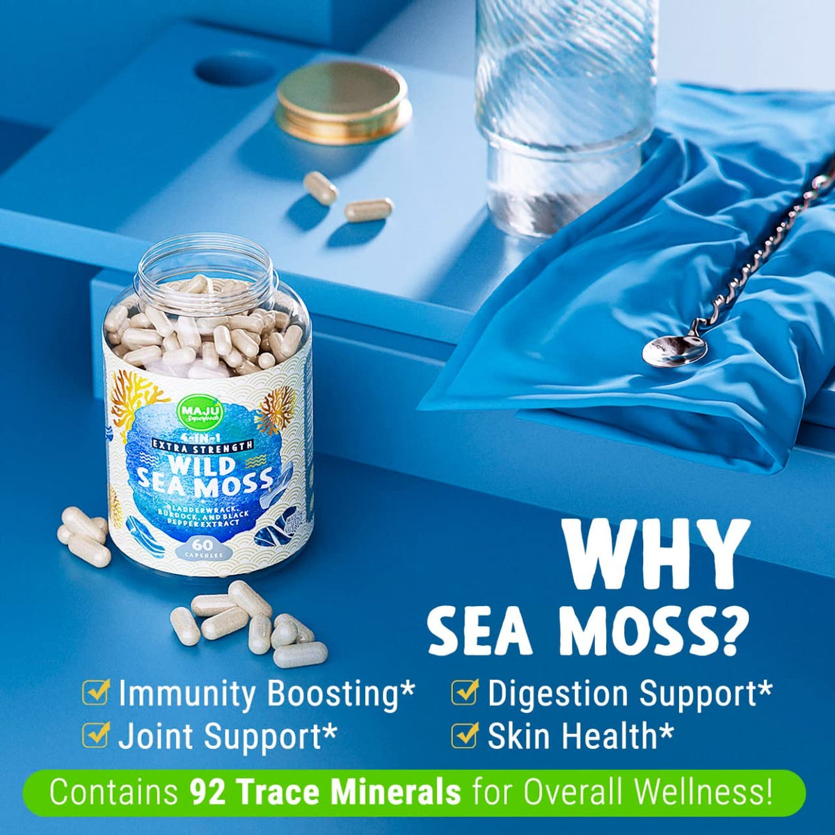 Maju Superfoods capsules d'algues marines 4-en-1, présentation du produit sur une table