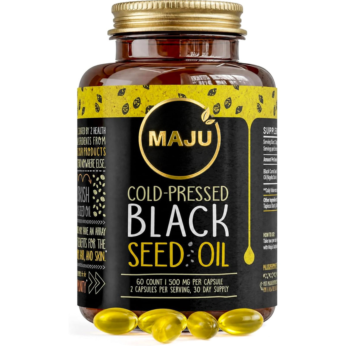 Maju Superfoods capsules d'huile de graines noires 500mg, vue de face