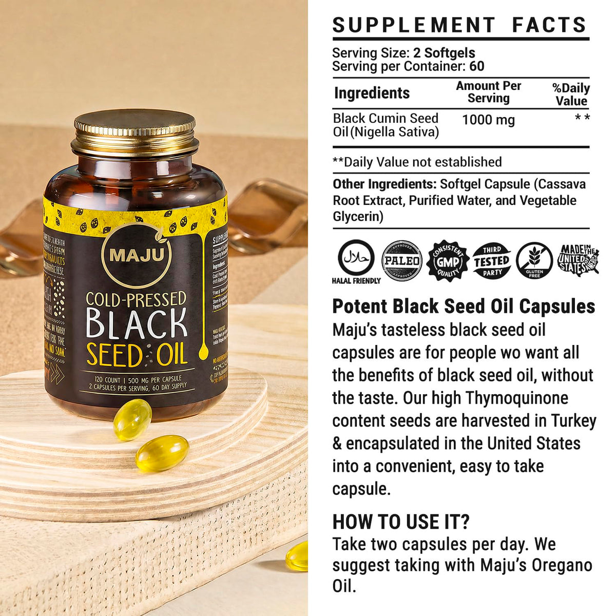 Maju Superfoods capsules d'huile de graines noires avec étiquette