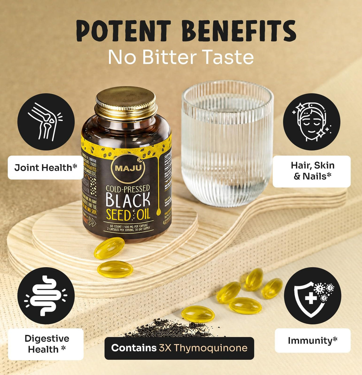 Maju Superfoods capsules d'huile de graines noires sur une surface en bois
