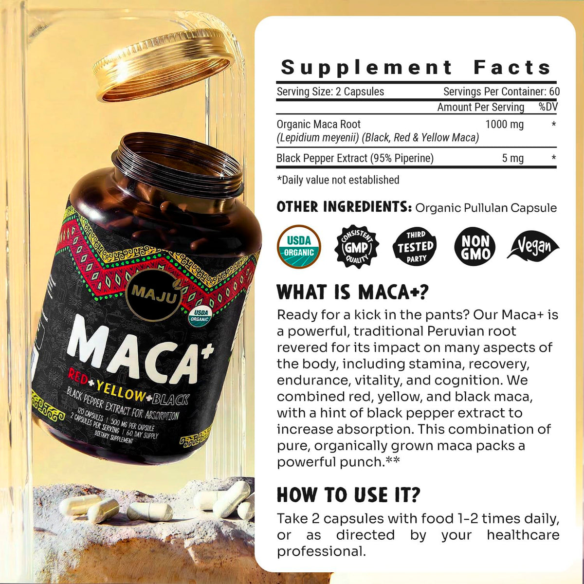 Maju Superfoods, capsules de maca sur une table en bois