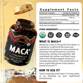 Maju Superfoods, capsules de maca sur une table en bois