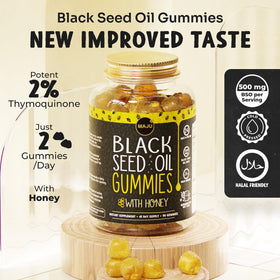 Maju Superfoods Gélules d'Huile de Graines Noires 90ct, contenant ouvert