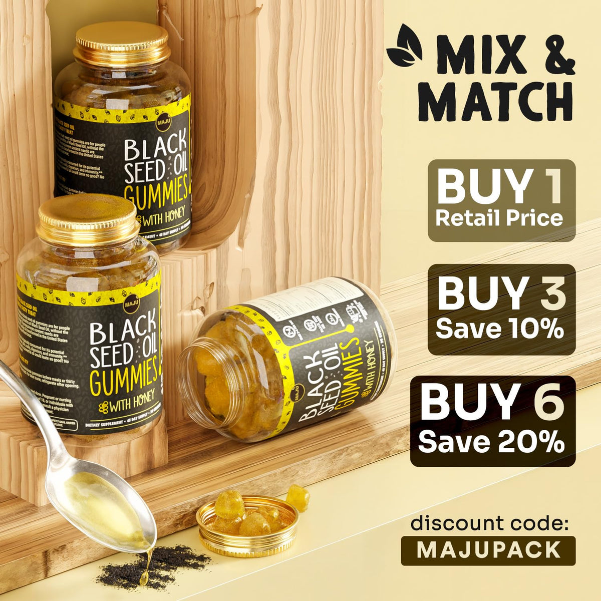 Maju Superfoods Gélules d'Huile de Graines Noires 90ct, mise en scène avec d'autres produits