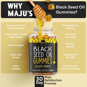 Maju Superfoods Gélules d'Huile de Graines Noires 90ct, présentation sur un fond neutre