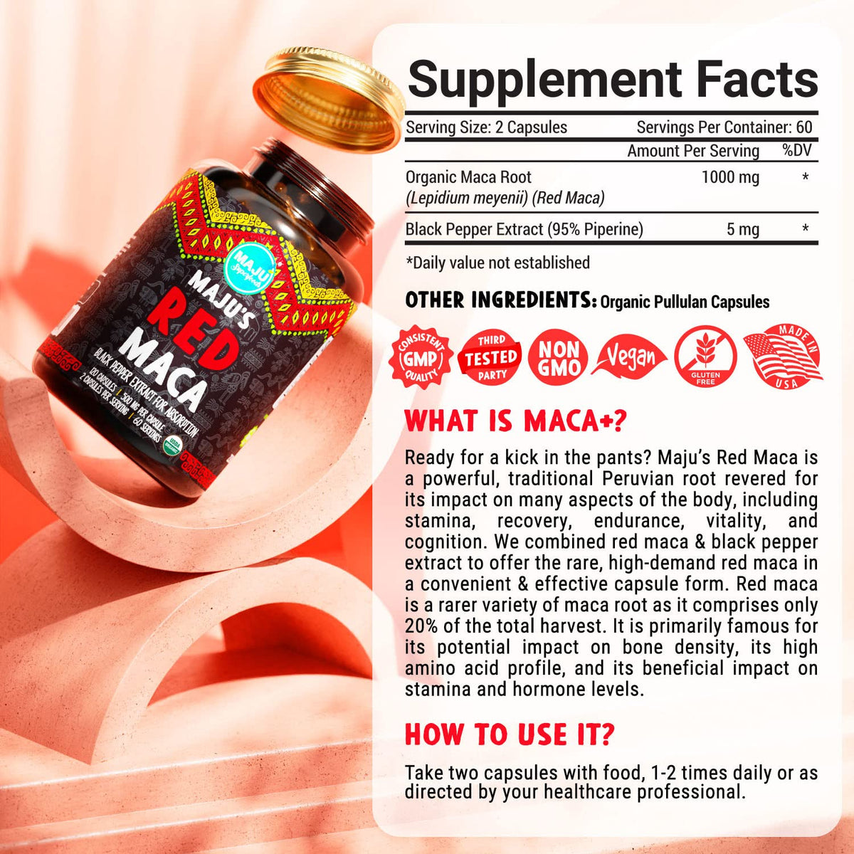 Maju Superfoods Gélules de Racine de Maca Rouge Bio avec ingrédients