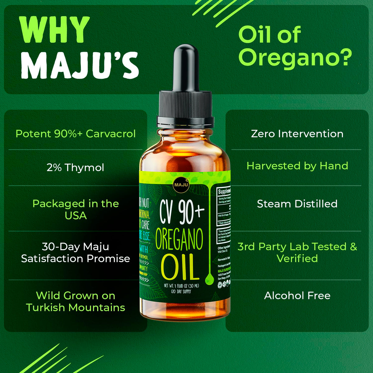 Maju Superfoods Huile d'Oregano 30ml avec gouttes sur une cuillère