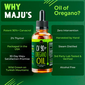 Maju Superfoods Huile d'Oregano 30ml avec gouttes sur une cuillère