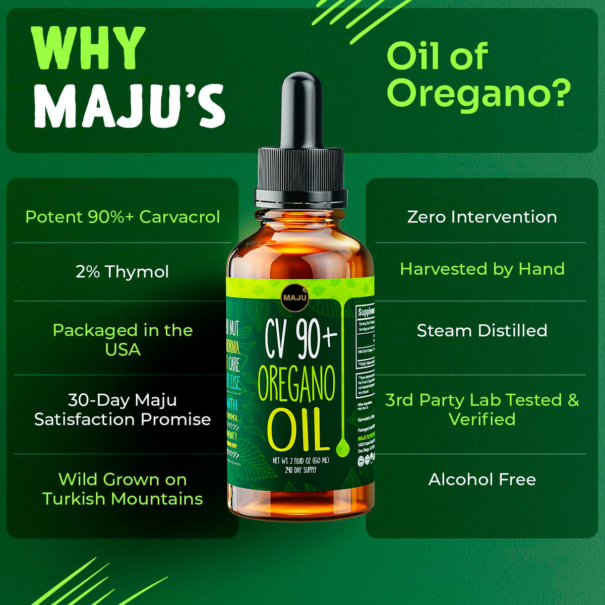 Maju Superfoods Huile d'Oregano avec gouttelette sur cuillère