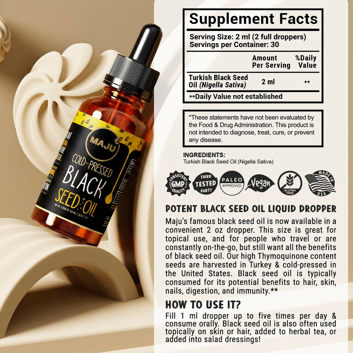 Maju Superfoods huile de graine noire 60ml en usage culinaire
