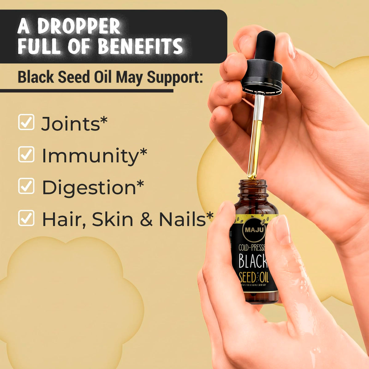 Maju Superfoods huile de graine noire 60ml présentation sur une table