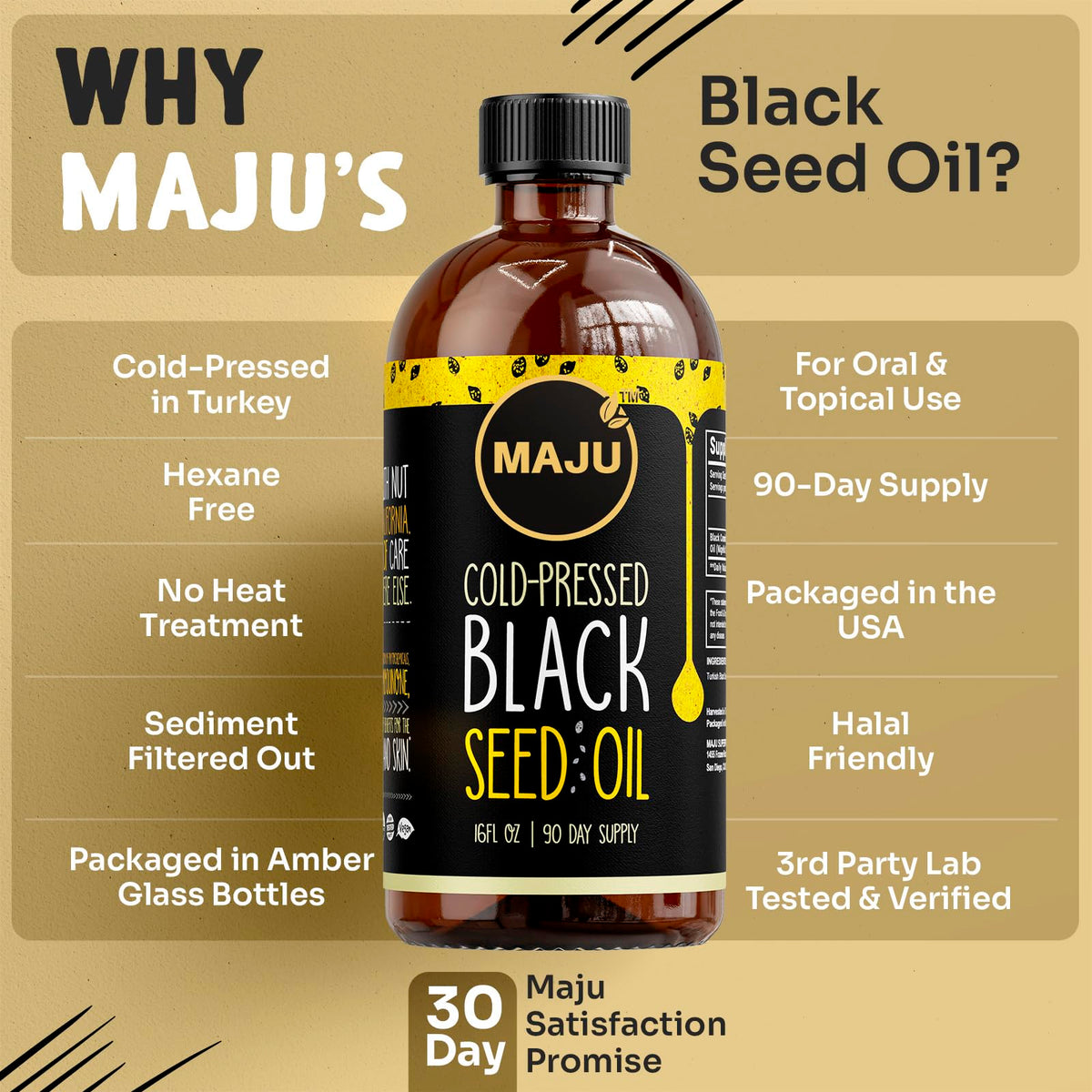 Maju Superfoods Huile de Graines Noires 480ml avec ingrédients