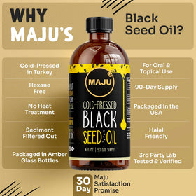 Maju Superfoods Huile de Graines Noires 480ml avec ingrédients