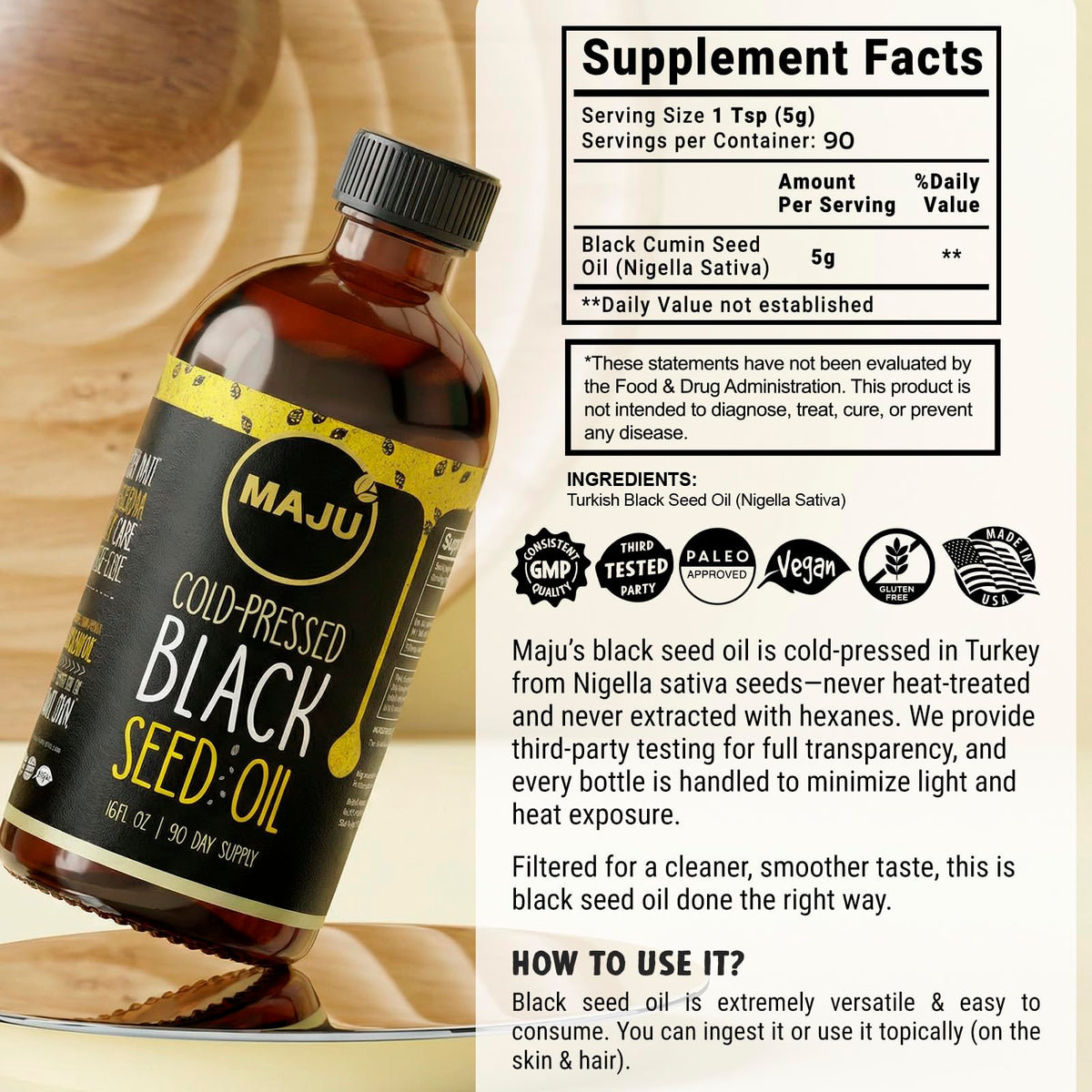 Maju Superfoods Huile de Graines Noires 480ml et son utilisation