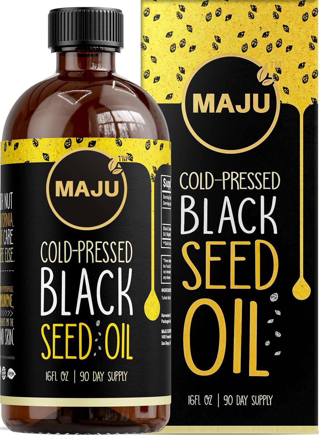 Maju Superfoods Huile de Graines Noires 480ml vue avant avec étiquette