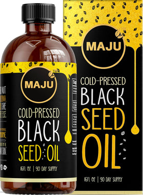 Maju Superfoods Huile de Graines Noires 480ml vue avant avec étiquette