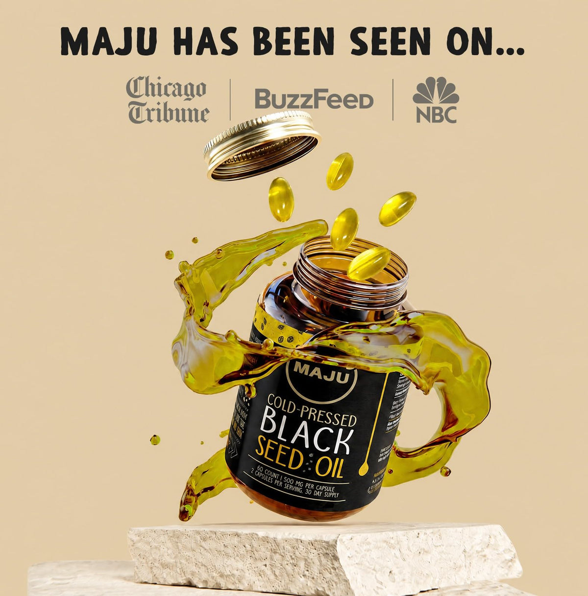 Maju Superfoods huile de graines noires, capsules avec étiquette visible