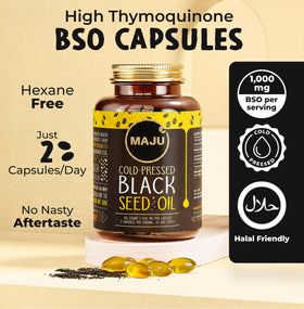 Maju Superfoods huile de graines noires, emballage et capsules