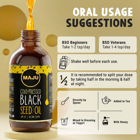 Maju Superfoods Huile de Graines Noires en bouteille ouverte