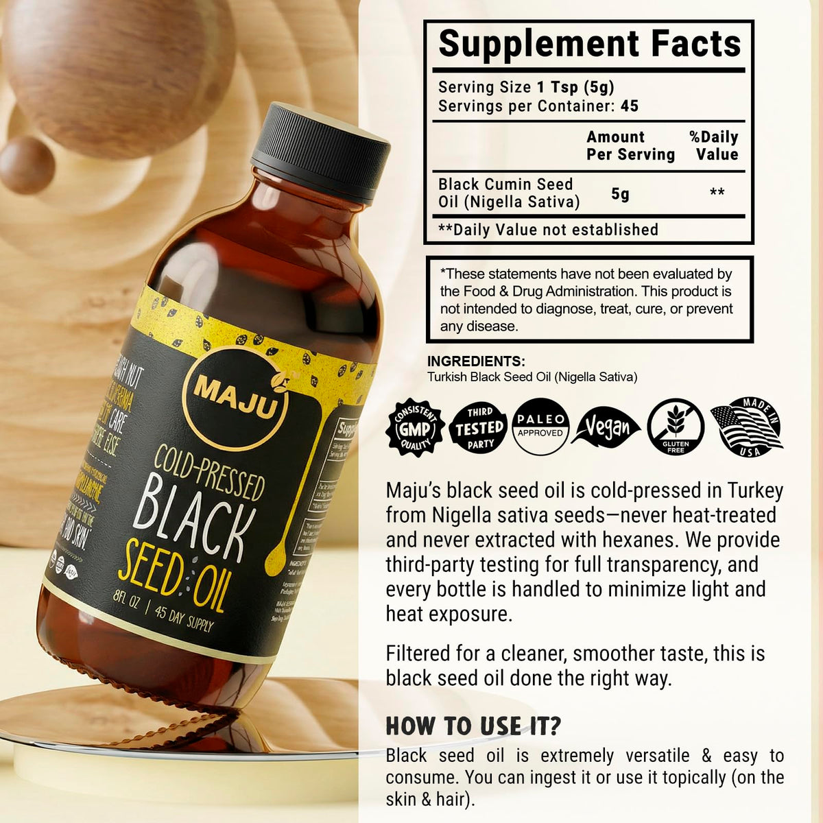 Maju Superfoods Huile de Graines Noires et ingrédients naturels