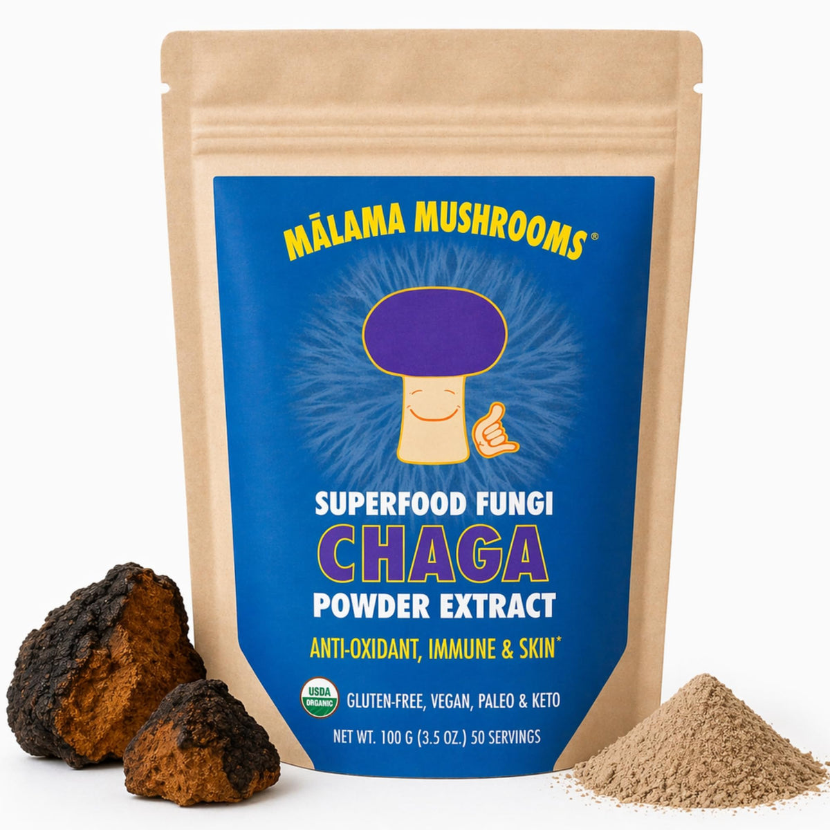 MALAMA MUSHROOMS Poudre d'Extrait de Champignon Chaga 110g vue avant