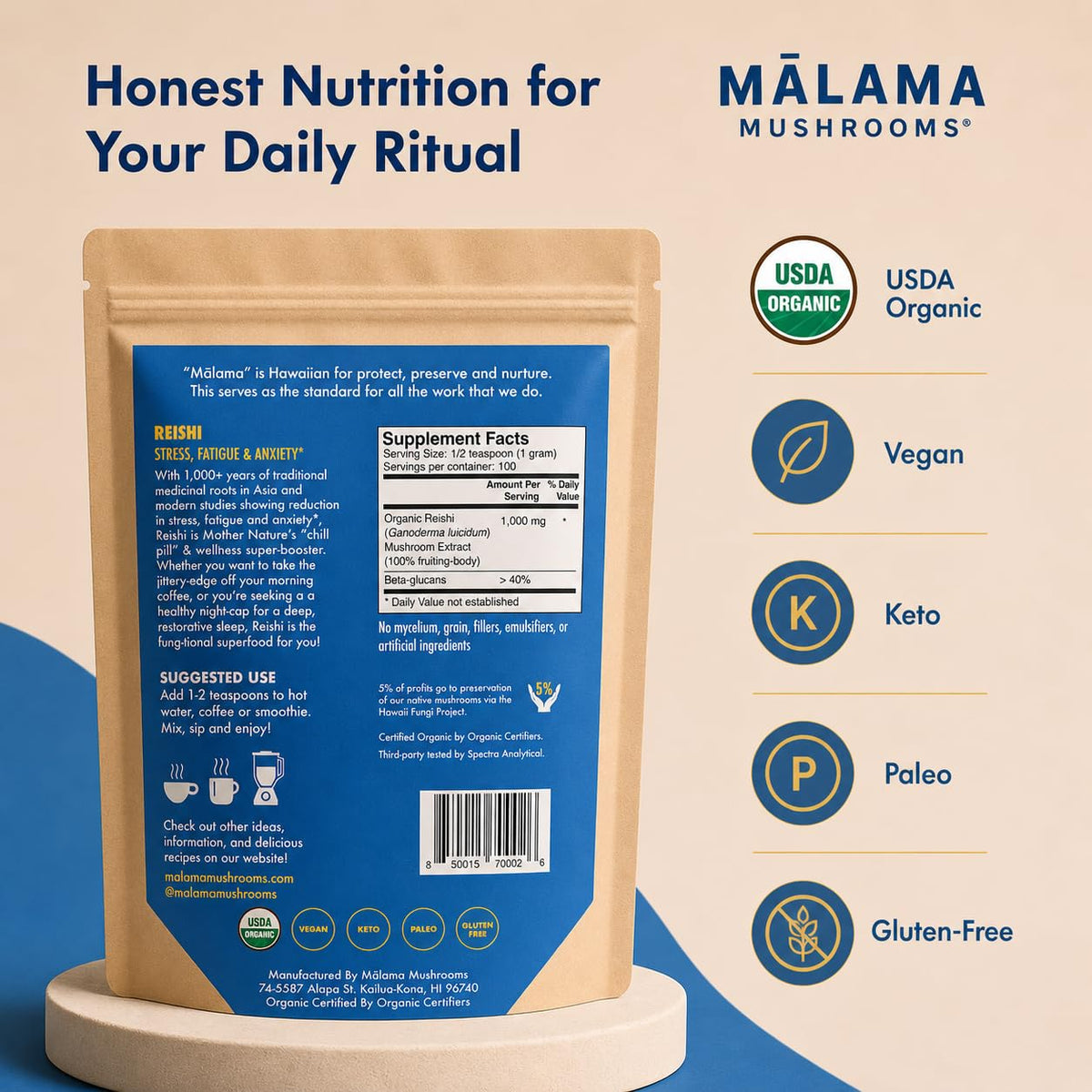 MALAMA MUSHROOMS Poudre d'Extrait de Champignon Reishi 109g emballage