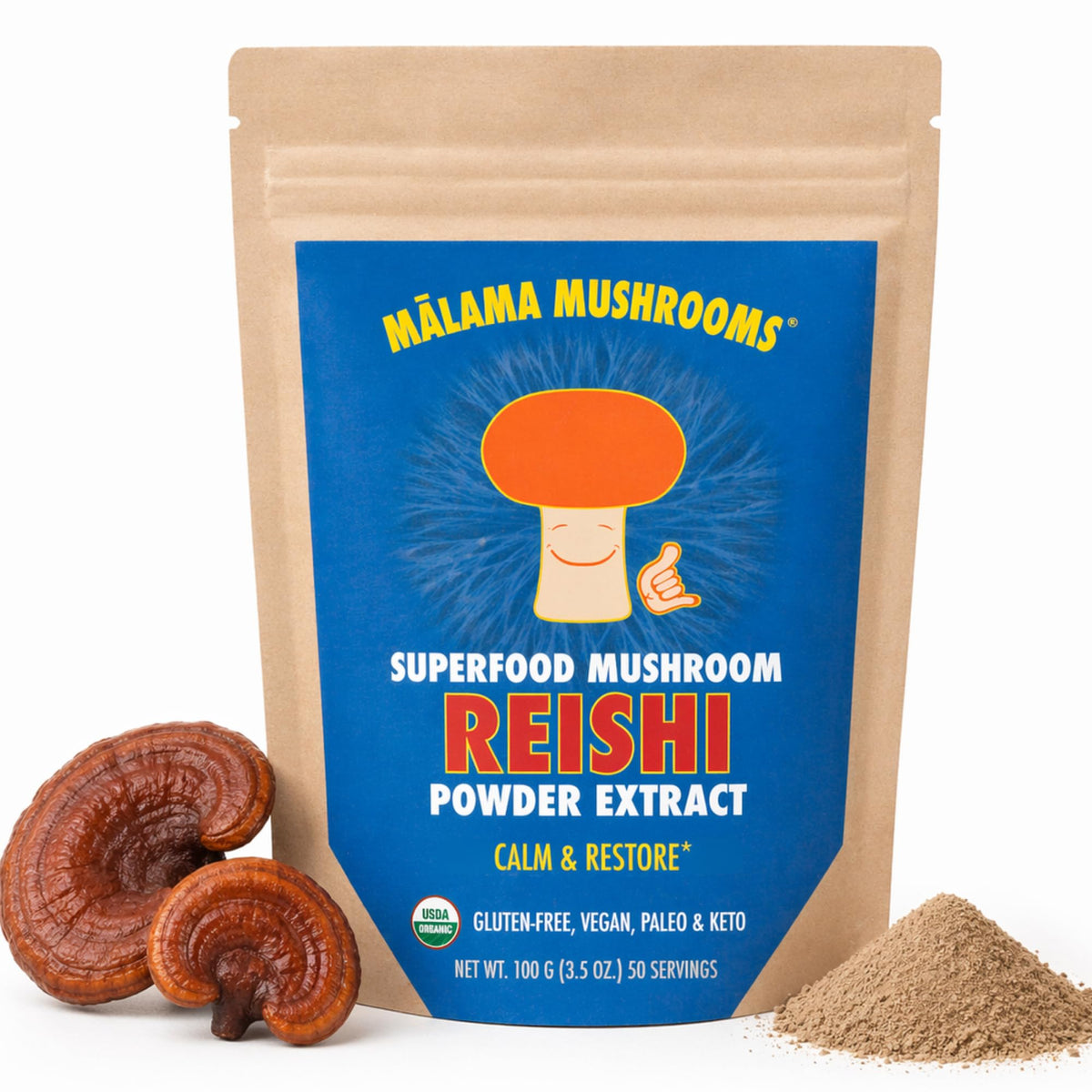 MALAMA MUSHROOMS Poudre d'Extrait de Champignon Reishi 109g vue de face
