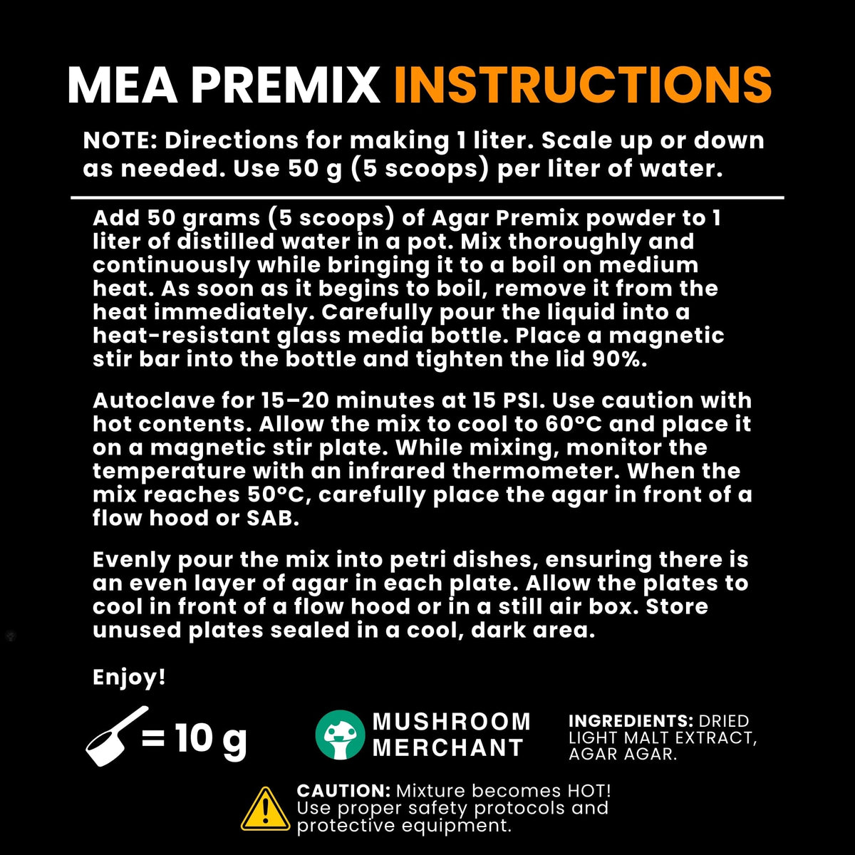Malt Extract Agar Premix 100g, emballage avec informations produit