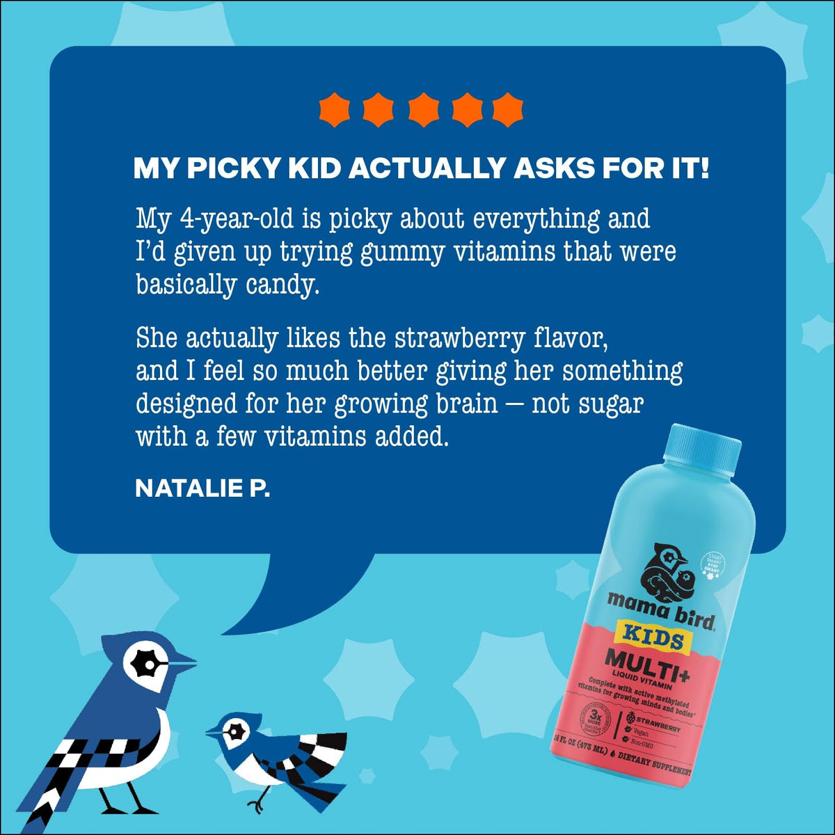 Mama Bird multivitamines dans un cadre familial, enfants souriants