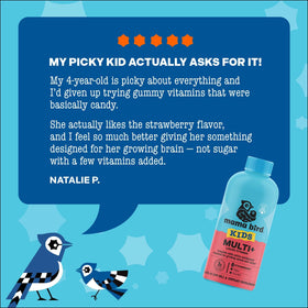 Mama Bird multivitamines dans un cadre familial, enfants souriants