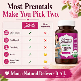 Mama Natural compléments alimentaires prénatals bio, boîte ouverte avec comprimés