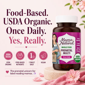 Mama Natural compléments alimentaires prénatals bio, comprimés sur une table