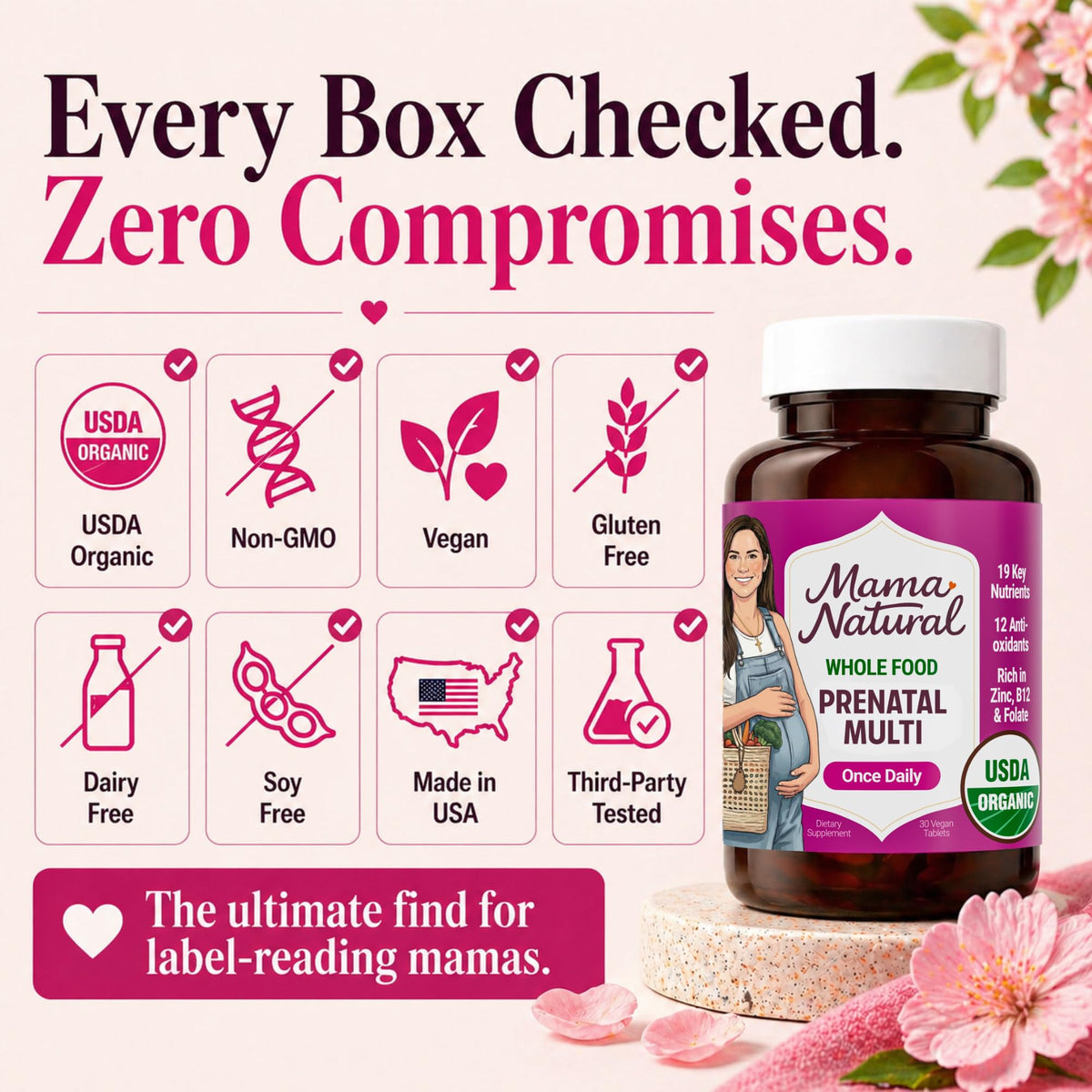 Mama Natural compléments alimentaires prénatals bio, présentation sur fond naturel