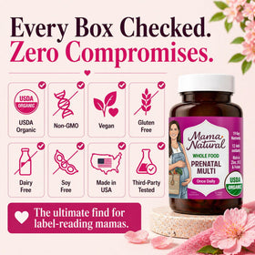 Mama Natural compléments alimentaires prénatals bio, présentation sur fond naturel