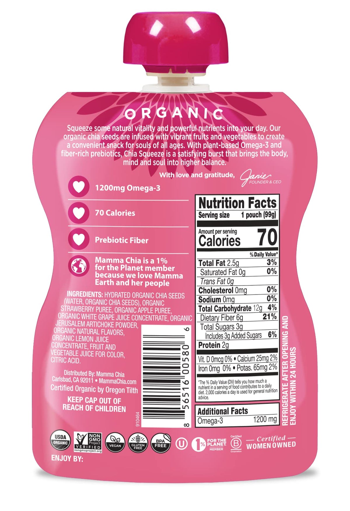 Mamma Chia Snack Prébiotique Squeeze Fraise Citronnade plusieurs sachets