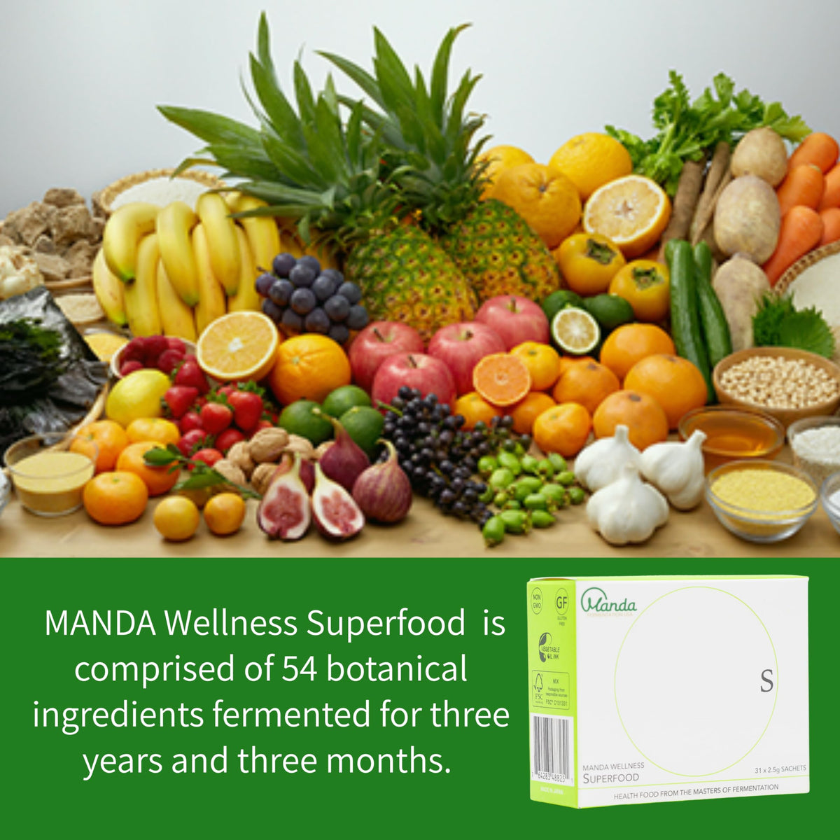 Manda Wellness Superdrink sachets sur une table en bois