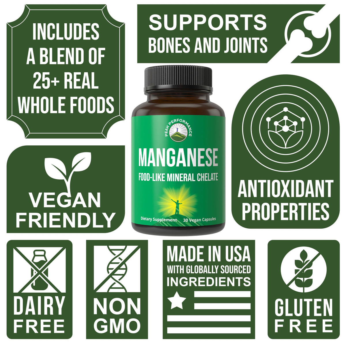 Manganèse Chélaté Peak Performance capsules sur fond blanc