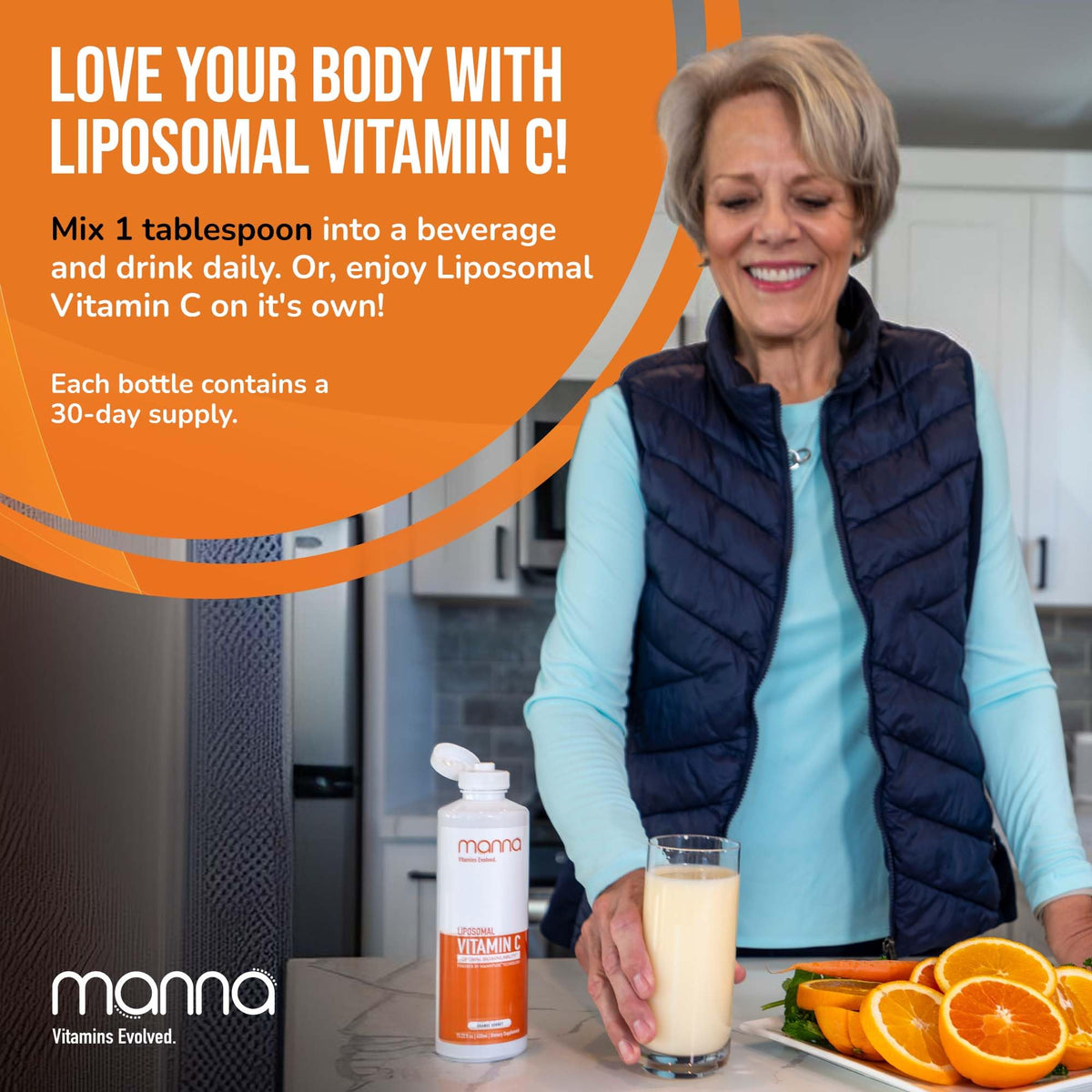 Manna Vitamine C Liposomale 1000mg liquide avec un verre d'eau