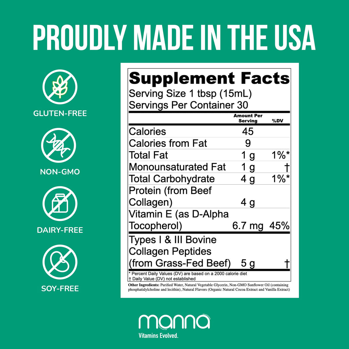 Manna Vitamins Evolved collagène liposomal 5000mg étiquette arrière