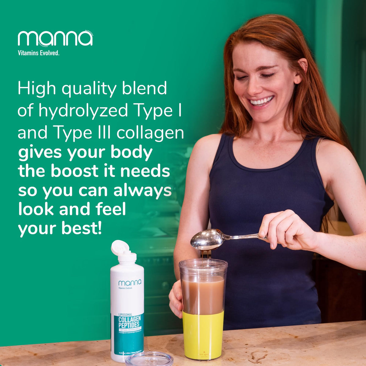 Manna Vitamins Evolved collagène liposomal 5000mg verre avec produit