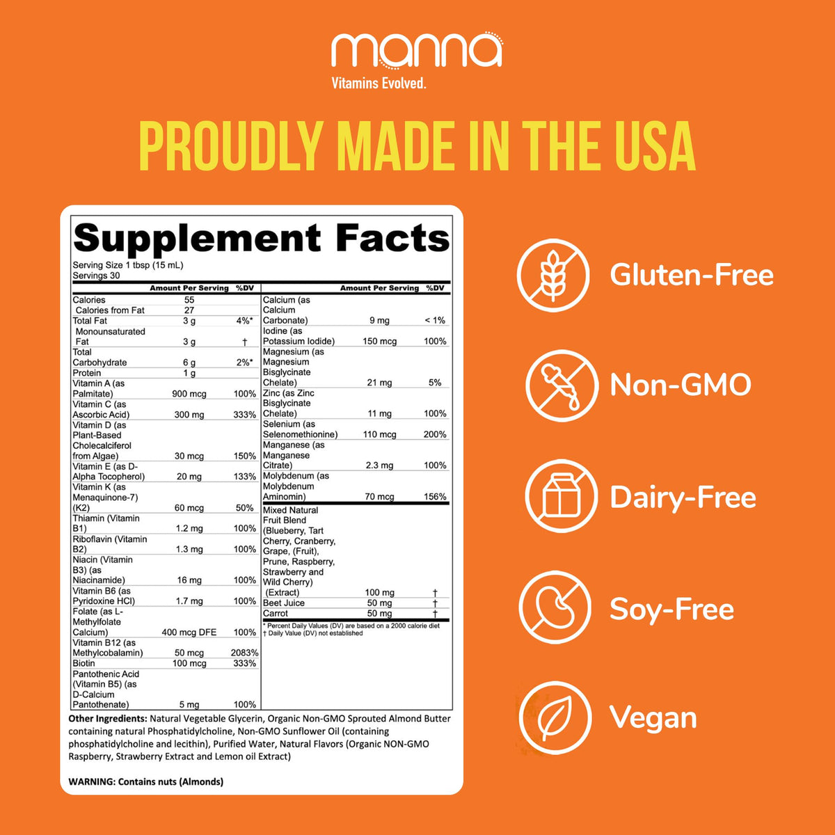 Manna Vitamins Evolved Multivitamine Liposomale étiquette avec ingrédients