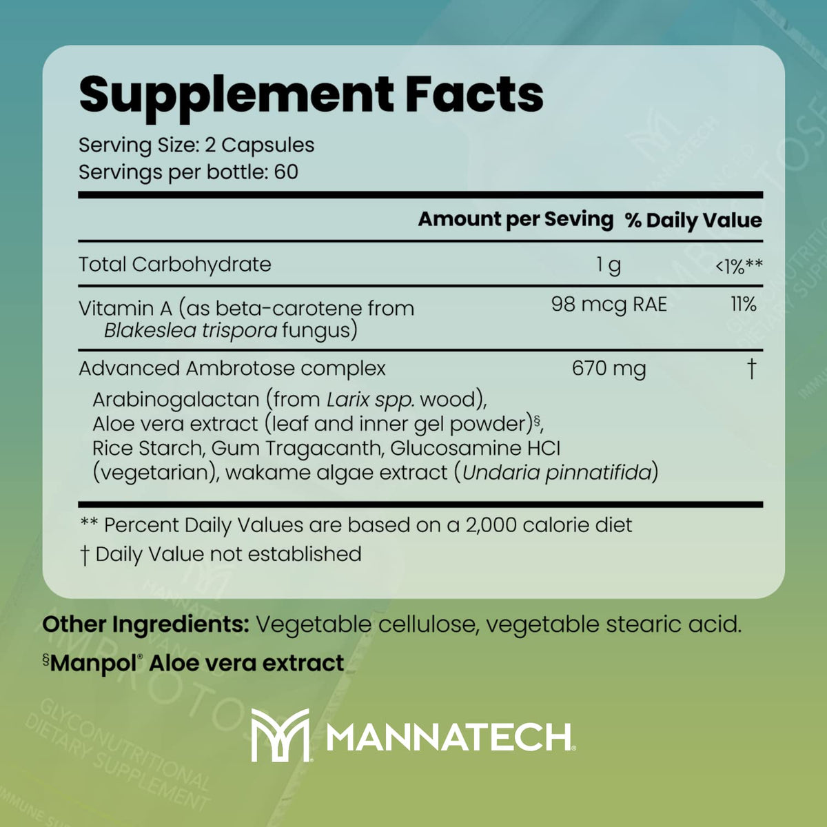 Mannatech Advanced Ambrotose 120 capsules arrière avec informations nutritionnelles