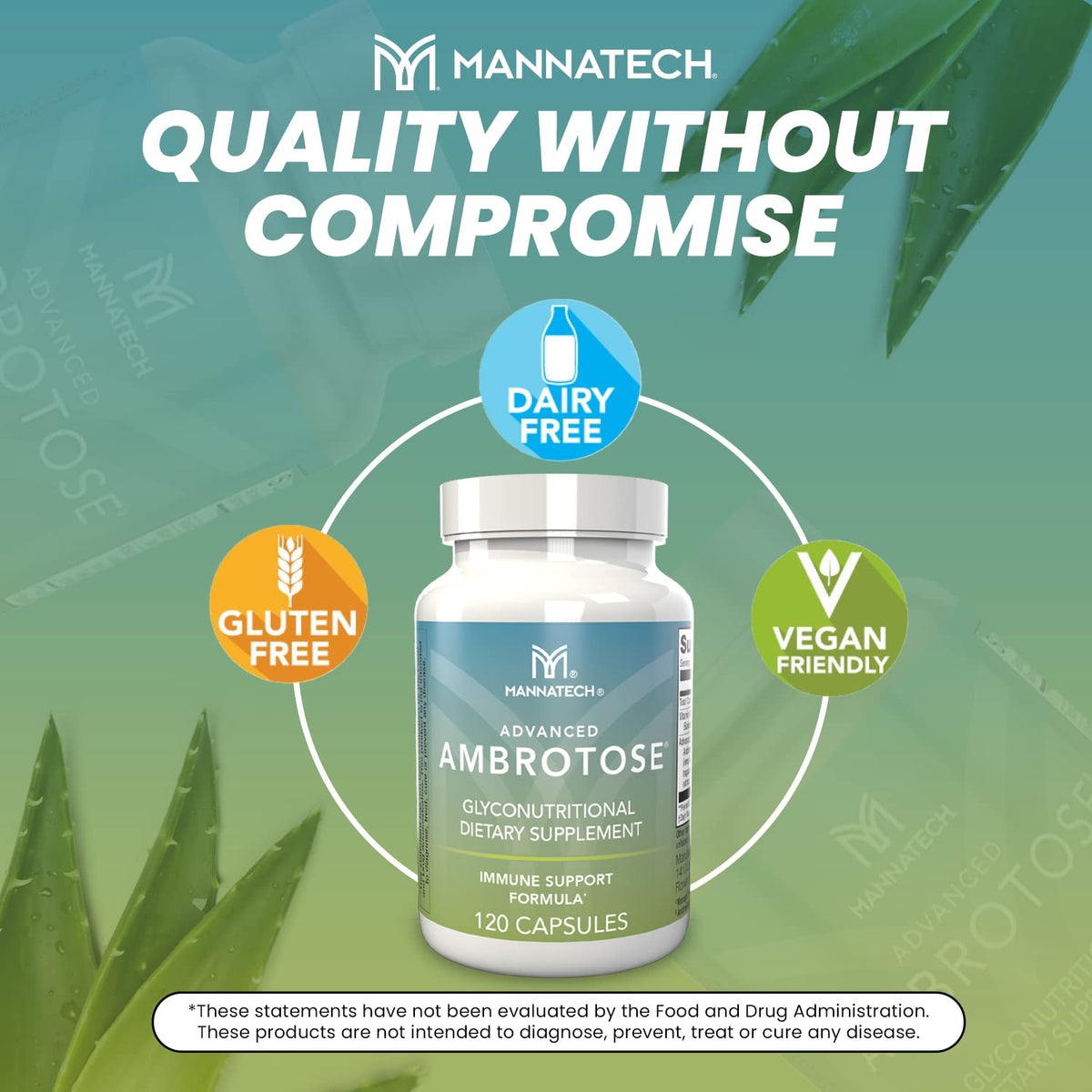 Mannatech Advanced Ambrotose 120 capsules avec une main tenant le flacon